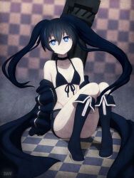 Rule 34 | 1girl, bikini, bikini top only, black coat, black footwear, black hair, black rock shooter, black rock shooter (character), black shorts, blue eyes, boots, cannon, coat, dav-19, highres, long hair, looking at viewer, midriff, no shirt, pale skin, rock cannon, scar, shorts, sitting, smile, swimsuit, twintails, uneven twintails