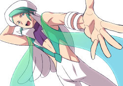 Rule 34 | 1boy, bracelet, commentary request, creatures (company), dutch angle, game freak, green eyes, green hair, hand up, hat, highres, jewelry, male focus, midriff, momoji (lobolobo2010), nintendo, open mouth, outstretched hand, pokemon, pokemon oras, sleeveless, smile, solo, spread fingers, teeth, tongue, wallace (pokemon), white hat