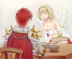 Rule 34 | 1boy, 1girl, armor, blonde hair, bowl, bra, breasts, cape, chain, chainmail, chair, cleavage, closed eyes, commentary request, egg (food), feather hair ornament, feathered wings, feathers, food, fried egg, from behind, gauntlets, hair ornament, holding, holding tray, large breasts, long hair, midriff, misuguu, navel, open mouth, pauldrons, ragnarok online, red cape, red hair, red skirt, rune knight (ragnarok online), shoulder armor, sitting, skirt, soup, spiked pauldrons, table, tray, underwear, upper body, wanderer (ragnarok online), white bra, white feathers, wings