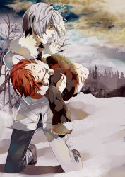 Rule 34 | accelerator (toaru majutsu no index), bettyannnewaters, brown dress, brown hair, carrying, cloud, cloudy sky, dress, closed eyes, forest, jacket, kneeling, last order (toaru majutsu no index), nature, open mouth, pants, short hair, silver hair, sky, snow, toaru majutsu no index, winter, winter clothes
