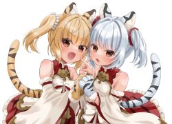 Rule 34 | 2girls, 6l36, animal ear fluff, animal ears, animal hands, armpit crease, bai (granblue fantasy), bell, blonde hair, blunt bangs, bow, breasts, brown eyes, detached sleeves, dress, erune, fang, finger to another&#039;s cheek, gloves, granblue fantasy, highres, huang (granblue fantasy), jingle bell, mandarin collar, matching outfits, medium hair, multiple girls, open mouth, paw gloves, red dress, short twintails, siblings, single glove, sisters, skin fang, sleeveless, sleeveless dress, small breasts, tail, tiger ears, tiger girl, tiger stripes, tiger tail, twins, twintails, white background, white bow, white hair
