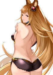 Rule 34 | 10s, 1girl, animal ears, ass, back, breasts, brown hair, butt crack, character request, collar, erune, from behind, granblue fantasy, hair ornament, it apollo, long hair, looking at viewer, looking back, metera (granblue fantasy), mole, mole under mouth, naughty face, purple eyes, shorts, sideboob, smile, solo, standing, very long hair