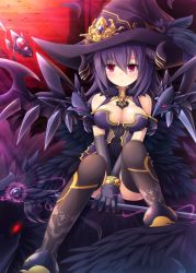 Rule 34 | 1girl, akatuti, bird, black hair, breasts, crow, fantasy, hat, jewelry, large breasts, long hair, original, red eyes, solo, thighhighs, witch, witch hat