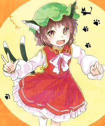 Rule 34 | 1girl, animal ears, brown eyes, brown hair, cat ears, cat tail, chen, dress, earrings, fangs, hat, jewelry, looking at viewer, makuwauri, mob cap, multiple tails, neck ribbon, open mouth, ribbon, short hair, slit pupils, smile, solo, tail, touhou, two tails, v