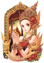 Rule 34 | 1girl, armlet, bad id, bad pixiv id, bracelet, brown hair, crown, flower, gold trim, hair flower, hair ornament, hat, head wings, jewelry, lipstick, lots of jewelry, makeup, nardack, necklace, original, peony (flower), solo, thai text, thailand, wings, yellow eyes