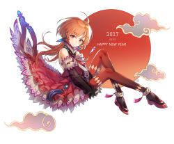 Rule 34 | 1girl, 2017, ahoge, bare shoulders, black pantyhose, boots, cloud, dated, detached sleeves, dress, earrings, feathers, full body, halterneck, happy new year, hieung, highres, japanese flag, jewelry, knee up, long hair, looking at viewer, new year, orange hair, original, pantyhose, pointy ears, red dress, red eyes, simple background, smile, solo, white background