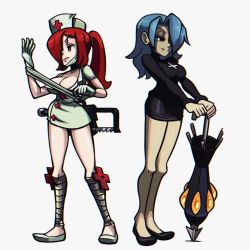 Rule 34 | 2girls, blue hair, breasts, cleavage, cosplay, costume switch, cross, cross necklace, full body, gloves, hair over one eye, hand up, hat, highres, jewelry, krieg (skullgirls), large breasts, latex, latex gloves, leg wrap, multiple girls, necklace, nurse cap, parasoul (skullgirls), ponytail, red eyes, scar, scar on face, skirt, skullgirls, smile, sunsunsunsun311, sweater, turtleneck, turtleneck sweater, valentine (skullgirls), yellow eyes