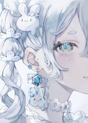 Rule 34 | 1girl, :3, aqua eyes, choker, close-up, collar, commentary, crystal, ear ornament, ear piercing, english commentary, frills, hair between eyes, hair ornament, hexagon, highres, jewelry, lace-trimmed collar, lace trim, looking at viewer, nekome toworu, one side up, original, piercing, rabbit hair ornament, short eyebrows, sidelocks, simple background, smile, solo, thick eyebrows, translucent, twitter username, white background, white choker, white collar, white hair, white theme, | |