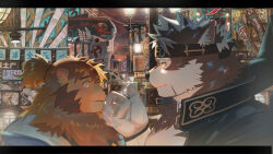 Rule 34 | 2boys, ainu clothes, animal ears, bara, chest hair, cityscape, couple, eye contact, fang, fang out, from side, furry, furry male, furry with furry, grey fur, grey hair, hand on another&#039;s mouth, headband, high ponytail, highres, horkeu kamui, large pectorals, lion boy, looking at another, male focus, multiple boys, muscular, muscular male, original, pectorals, profile, quirrel (gharnedanshyo), ross lion, short hair, thick eyebrows, tokyo houkago summoners, two-tone fur, white fur, wolf boy, wolf ears, yaoi, yellow eyes