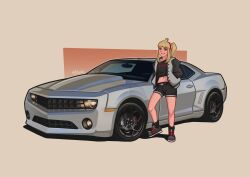 Rule 34 | 1girl, absurdres, arhentol, artist name, black footwear, black shorts, blonde hair, boots, brown background, car, chevrolet, chevrolet camaro, commentary, commission, cowlick, english commentary, green eyes, grey jacket, hair behind ear, hairband, hands in pockets, highres, jacket, letterman jacket, long hair, midriff, motor vehicle, muscle car, navel, original, ponytail, red hairband, shadow, shorts, sidelocks, smile, solo, vehicle focus