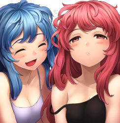 Rule 34 | 2girls, :d, ^ ^, blue hair, breasts, cleavage, closed eyes, closed mouth, collarbone, kotonoha akane, kotonoha aoi, kurione (zassou), long hair, messy hair, multiple girls, open mouth, pink eyes, pink hair, siblings, simple background, sisters, small breasts, smile, strap slip, upper body, voiceroid, white background