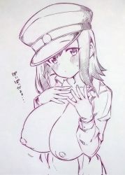Rule 34 | 1girl, akitsu maru (kancolle), blush, breasts, collarbone, commentary request, corrupted twitter file, gloves, hat, highres, huge breasts, kantai collection, long sleeves, looking at viewer, monochrome, nipples, short hair, solo, sweatdrop, traditional media, translation request, tsukareta san