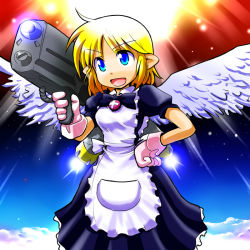 Rule 34 | 1girl, above clouds, apron, blonde hair, blue eyes, cloud, dot nose, gloves, hand on own hip, maid apron, pink gloves, pointy ears, puffy short sleeves, puffy sleeves, short sleeves, sidelocks, sky, solo, standing, tagme, weapon, wings, yuri seijin naoko-san