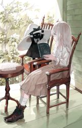 Rule 34 | 1girl, animal, ankle boots, black bow, black cat, black dress, book, boots, bow, brown footwear, brown skirt, cat, chair, clothed animal, commentary request, dress, full body, hat, hat bow, highres, holding, holding book, kneehighs, long hair, long skirt, long sleeves, nakamura haco, open book, original, pleated skirt, red eyes, shirt, silver hair, sitting, skirt, socks, solo, table, white hat, white shirt, white socks, witch hat, wooden floor, wooden table