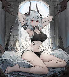 Rule 34 | 1girl, :o, absurdres, arknights, armband, armpits, arms up, bandages, bare arms, bare legs, bare shoulders, barefoot, black panties, chinese commentary, commentary request, crop top, hands in hair, highres, horns, indoors, long hair, looking at viewer, material growth, mudrock (arknights), navel, oripathy lesion (arknights), panties, parted lips, red eyes, sarashi, side-tie panties, silver hair, sitting, solo focus, sports bra, stomach, thighs, underwear, yokozuwari, yuxia (please6)