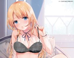 Rule 34 | 1girl, absurdres, adjusting clothes, bare shoulders, black bra, blonde hair, blue eyes, blush, bra, breasts, cleavage, hand up, head tilt, highres, indoors, long hair, looking at viewer, melonbooks, original, parted lips, see-through, sitting, small breasts, solo, underwear, yu yu