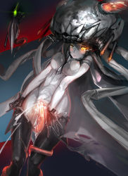 Rule 34 | 10s, 1girl, abyssal ship, artist name, bad id, bad pixiv id, bamuth, breasts, clothed sex, cum, gloves, highres, kantai collection, long hair, medium breasts, nipples, pale skin, solo, tentacle sex, tentacles, wo-class aircraft carrier, yellow eyes