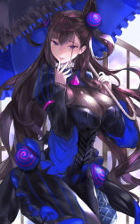 1girl bkko black_dress breasts brown_hair cone_hair_bun double_bun dress fate/grand_order fate_(series) frills hair_between_eyes hair_bun hair_ornament hand_to_own_mouth highres large_breasts long_hair long_sleeves looking_at_viewer murasaki_shikibu_(fate) puffy_sleeves purple_eyes umbrella very_long_hair