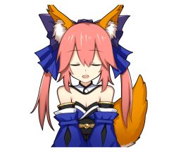 Rule 34 | 1girl, animal ear fluff, animal ears, bare shoulders, blue bow, blue kimono, blue ribbon, bow, breasts, cleavage, closed eyes, detached sleeves, fate/extella, fate/extra, fate/grand order, fate (series), fox ears, fox girl, fox tail, hair ribbon, japanese clothes, kimono, large breasts, open mouth, pink hair, rhy1356, ribbon, simple background, solo, split ponytail, tail, tamamo (fate), tamamo no mae (fate/extra), transparent background