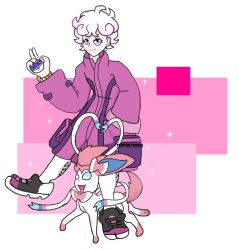 Rule 34 | 1boy, artist name, bede (pokemon), black footwear, closed mouth, coat, creatures (company), curly hair, from side, full body, game freak, gen 6 pokemon, great ball, hand in pocket, highres, holding, holding poke ball, long sleeves, looking at viewer, male focus, nintendo, open mouth, pants, poke ball, pokemon, pokemon (creature), pokemon swsh, purple coat, purple eyes, self-upload, shoes, short hair, smile, sneakers, sparkle, sylveon, tempertenchi, white pants