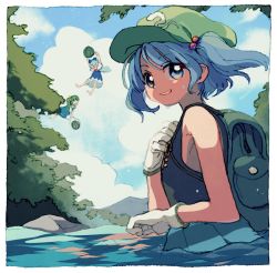 Rule 34 | 3girls, backpack, bag, bare shoulders, blue eyes, blue hair, blue sky, border, cabbie hat, cirno, daiyousei, day, fairy wings, flying, food, from side, fruit, gloves, green headwear, hat, ka (marukogedago), kawashiro nitori, looking at viewer, multiple girls, outdoors, partially submerged, pleated skirt, skirt, sky, smile, solo focus, sweat, touhou, twintails, wading, watermelon, white border, white gloves, wings