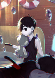 Rule 34 | 2boys, air bubble, antenna hair, bare shoulders, black eyes, black hair, black sweater vest, bubble, character doll, collarbone, colored skin, commentary request, doll, dual persona, expressionless, from side, highres, holding, holding doll, indoors, kitchen knife, knife in back, lifebuoy, looking at viewer, lying, male focus, multiple boys, no pupils, omori, omori (omori), on stomach, shirt, short hair, sitting, stab, sunny (omori), sweater vest, swim ring, toastytoast, underwater, upper body, white shirt, white skin, wooden wall