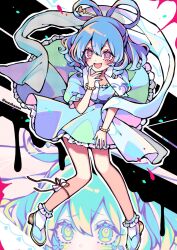 Rule 34 | 1girl, blue dress, blue hair, dress, frilled dress, frilled sleeves, frills, full body, hair rings, highres, kaku seiga, kyouda suzuka, looking at viewer, open mouth, puffy short sleeves, puffy sleeves, short sleeves, smile, solo, touhou, twitter username