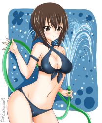 Rule 34 | 10s, 1girl, absurdres, armlet, bad id, bad twitter id, bikini, blue background, blue bikini, breasts, brown eyes, brown hair, cleavage, commentary, cowboy shot, front-tie bikini top, front-tie top, getsumen suibaku ver. a(c), girls und panzer, gluteal fold, highres, holding, holding hose, hose, leaning forward, looking at viewer, medium breasts, navel, nishizumi maho, one-hour drawing challenge, parted lips, polka dot, polka dot background, shadow, short hair, solo, standing, swimsuit, thighs, transparent, twitter username, water