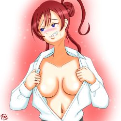 Rule 34 | 1girl, blue eyes, breasts, censored nipples, female focus, highres, large breasts, looking away, love live!, love live! superstar!!, navel, navel piercing, no bra, open clothes, piercing, red hair, shirt, short hair, signature, solo, yoneme mei, zero mozzarella