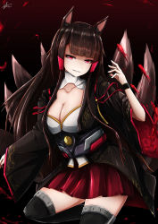 Rule 34 | 1girl, akagi (azur lane), animal ears, azur lane, black background, black thighhighs, blunt bangs, breasts, cleavage, fox ears, fox tail, hair ornament, highres, large breasts, long hair, pink eyes, red skirt, skirt, smile, solo, standing, standing on one leg, tail, thighhighs, tosaka0002, wide sleeves, wristband