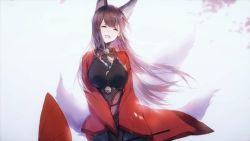 Rule 34 | 1girl, amagi (azur lane), animal ears, artist request, azur lane, blunt bangs, breasts, brown hair, choker, closed eyes, fox ears, game cg, hair ornament, japanese clothes, kimono, kitsune, kyuubi, large breasts, long hair, multiple tails, official art, oil-paper umbrella, solo, tail, thick eyebrows, third-party source, umbrella, wide sleeves