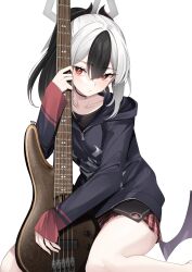 Rule 34 | 1girl, absurdres, bass guitar, black hair, black horns, black jacket, blue archive, blush, closed mouth, collarbone, demon horns, demon wings, electric guitar, grey hair, grey halo, guitar, hair between eyes, halo, highres, holding bass guitar, holding instrument, hood, hood down, hooded jacket, horns, instrument, jacket, jun project, kayoko (blue archive), long hair, long sleeves, multicolored hair, pleated skirt, ponytail, purple wings, red eyes, red skirt, simple background, single wing, skirt, solo, white background, wings