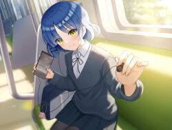 Rule 34 | 1girl, absurdres, bag, bag charm, black pantyhose, blue hair, blush, bocchi the rock!, cardigan, cellphone, charm (object), closed mouth, collared shirt, commentary request, earphones, gotoh hitori, gotoh hitori (octopus), green eyes, hair ornament, hairclip, highres, holding, holding earphones, holding phone, long sleeves, looking at viewer, neck ribbon, pantyhose, phone, pleated skirt, ribbon, school bag, school uniform, shimokitazawa high school uniform, shirt, short hair, single earphone removed, sitting, skirt, smartphone, smile, solo, white shirt, yamada ryo, yukiunag1