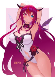 Rule 34 | 1girl, alternate breast size, arm behind back, armpits, arms up, blush, breasts, cleavage, clothing cutout, crystal wings, double halo, earrings, halo, heterochromia, hololive, hololive english, irys (irys 2.0) (hololive), irys (hololive), jdpr, jewelry, large breasts, leotard, long hair, multicolored hair, navel, navel cutout, pink eyes, pointy ears, purple hair, red hair, smile, solo, star halo, two-tone hair, very long hair, virtual youtuber, white leotard