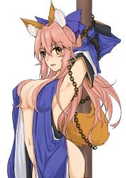 Rule 34 | 1girl, animal ear fluff, animal ears, armpits, bare shoulders, blue kimono, blue ribbon, breasts, chain, chained, cleavage, detached sleeves, fate/grand order, fate (series), fox ears, fox girl, fox tail, hair ribbon, highres, japanese clothes, kimono, large breasts, long hair, looking at viewer, navel, open mouth, panties, pink hair, pink panties, ribbon, simple background, solo, tail, tamamo (fate), tamamo no mae (fate/extra), underwear, very long hair, white background, yellow eyes, ystrann
