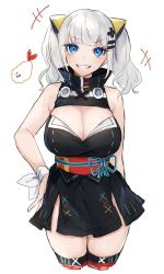 Rule 34 | 1girl, bare arms, black skirt, blue eyes, blue ribbon, blush, breasts, character request, cleavage, commentary request, copyright request, cowboy shot, cross, funyo (masa), hair ornament, hairclip, highres, kaguya luna, large breasts, looking at viewer, ribbon, simple background, skirt, smile, solo, teeth, the moon studio, thighhighs, twintails, virtual youtuber, white background, white hair