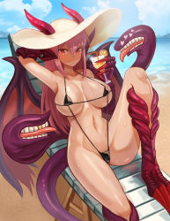 Rule 34 | 1girl, absurdres, animal ears, animal hands, bad link, bare shoulders, beach chair, black one-piece swimsuit, blue sky, blush, breasts, chair, claws, closed mouth, cloud, commission, cup, day, dragon girl, dragon horns, dragon tail, dragon wings, drink, drinking glass, drinking straw, embarrassed, fins, food, fruit, gold teeth, hair between eyes, hat, head fins, highres, holding, holding cup, holding drinking glass, horns, horns through headwear, jabberwock (monster girl encyclopedia), knee up, large breasts, long hair, looking at viewer, monster girl, monster girl encyclopedia, navel, ocean, one-piece swimsuit, orange (fruit), orange slice, outdoors, purple hair, red eyes, second-party source, sitting, skindentation, sky, slingshot swimsuit, slit pupils, solo, sookmo, sun hat, sweat, swimsuit, tail, tentacles, white hat, wings
