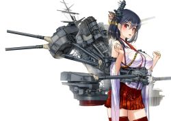 Rule 34 | 10s, 1girl, akasaai, backlighting, black hair, blush, breasts, detached sleeves, hair ornament, hands up, japanese clothes, kantai collection, large breasts, nontraditional miko, open mouth, red eyes, red thighhighs, short hair, skirt, solo, thighhighs, wide sleeves, yamashiro (kancolle)
