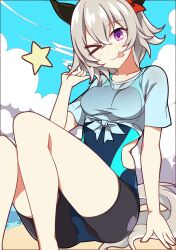 Rule 34 | &gt; o, 1girl, :p, animal ears, blue sky, blush, bow, breasts, closed mouth, cloud, cloudy sky, commentary request, competition swimsuit, curren chan (umamusume), ear bow, ear covers, grey hair, hair between eyes, hair ornament, highres, horse ears, horse girl, horse tail, looking at viewer, medium breasts, medium hair, ocean, one-piece swimsuit, one eye closed, outdoors, purple eyes, red bow, sand, shirt, short hair, short sleeves, sitting, sky, solo, swimsuit, tail, tied shirt, tongue, tongue out, umamusume, wahiko (black bastard), water