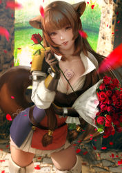 Rule 34 | 1girl, animal ear fluff, animal ears, blush, bouquet, breast tattoo, breasts, brown eyes, brown hair, cleavage, collarbone, day, flower, hair between eyes, holding, holding bouquet, holding flower, long hair, long sleeves, looking at viewer, medium breasts, open mouth, petals, raccoon ears, raccoon girl, raccoon tail, raphtalia, red flower, red lips, red rose, rose, sidelocks, slave tattoo, smile, solo, standing, tail, tate no yuusha no nariagari, tattoo, very long hair, wind, zumi (zumidraws)