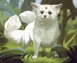 Rule 34 | animal, animal focus, commentary, cub, english commentary, forest, fox, highres, juno viinikka, kitsune, light particles, looking at viewer, multiple tails, nature, no humans, on grass, original, outdoors, sparkling eyes, tail, tongue, tongue out, tree, two tails, whiskers, white fur