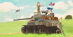 Rule 34 | 3girls, artist request, bad id, bad pixiv id, cloud, day, grass, highres, m8a1, military, military vehicle, motor vehicle, multiple girls, pants, shirt, shovel, sky, tank, tree, worktool, world of tanks