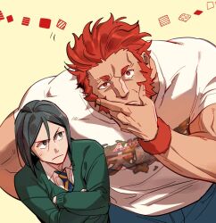Rule 34 | 2boys, black hair, blue shorts, bright pupils, broad shoulders, closed mouth, collared shirt, crossed arms, fate/zero, fate (series), fingernails, green jacket, hair between eyes, halorane, hand on own chin, hand on own hip, iskandar (fate), jacket, leaning forward, long sideburns, looking at another, male focus, multiple boys, muscular, muscular male, necktie, red eyes, red hair, red wristband, shirt, short hair, shorts, sideburns, striped necktie, sweatdrop, t-shirt, thinking, veins, veiny arms, waver velvet, white background, white pupils, white shirt