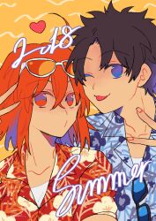 1boy 1girl adam&#039;s_apple atomic15 black_hair blue_eyes collarbone eyewear_on_head fate/grand_order fate_(series) fingernails fujimaru_ritsuka_(female) fujimaru_ritsuka_(male) hair_between_eyes hawaiian_shirt looking_at_viewer one_eye_closed orange_background orange_hair red_eyes shirt short_hair summer tongue tongue_out v white-framed_eyewear