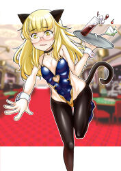 Rule 34 | 1girl, animal ears, black pantyhose, blonde hair, blush, breasts, cat ears, cat tail, cleavage, clothing cutout, collar, covered navel, fang, glasses, heart cutout, long hair, open mouth, pantyhose, perrine h. clostermann, shiromitsu suzaku, small breasts, solo, strike witches, tail, tripping, waitress, world witches series, yellow eyes