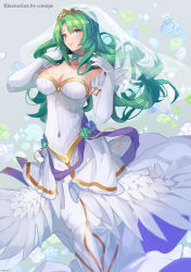 Rule 34 | 1girl, artist name, blush, breasts, bridal veil, cecilia (fire emblem), cleavage, conope, cowboy shot, dress, elbow gloves, female focus, fire emblem, fire emblem: the binding blade, fire emblem heroes, flower, gloves, green eyes, green hair, large breasts, long dress, long hair, looking at viewer, matching hair/eyes, nintendo, official alternate costume, simple background, smile, solo, strapless, strapless dress, veil, wedding dress, white gloves