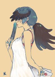 Rule 34 | 1girl, aqua hair, arm behind back, bare arms, bare shoulders, bird wings, bra strap, brown hair, dress, earrings, feathers, fingernails, from side, hand up, head wings, holding, holding feather, holding letter, jewelry, kemono friends, kishida shiki, letter, lips, long hair, low ponytail, multicolored hair, nail polish, parted lips, passenger pigeon (kemono friends), profile, simple background, sketch, sleeveless, sleeveless dress, solo, two-tone hair, upper body, white dress, wings, yellow background