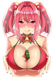 Rule 34 | 1girl, :q, azur lane, bare shoulders, bell, bikini, blush, box, breasts, breasts squeezed together, bremerton (azur lane), cleavage, collarbone, commentary request, fingernails, furrowed brow, gift, gift between breasts, gift box, grey hair, hair between eyes, hair bobbles, hair intakes, hair ornament, highres, jingle bell, large breasts, long fingernails, long hair, looking at viewer, midriff, multicolored hair, nail polish, neck ribbon, no mole, nose blush, pink eyes, pink hair, pink nails, red bikini, ribbon, sidelocks, simple background, smile, solo, streaked hair, striped ribbon, swimsuit, takurowo, tongue, tongue out, twintails, two-tone hair, underboob, upper body, white background