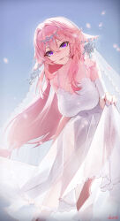 Rule 34 | 1girl, absurdres, ai dongdong, alternate costume, bare shoulders, blue background, breasts, bridal veil, bride, circlet, collarbone, covered navel, dress, earrings, falling petals, feet out of frame, floating hair, foreshortening, genshin impact, hair between eyes, highres, jewelry, lace, lace-trimmed dress, lace-trimmed headwear, lace trim, large breasts, leaning to the side, long dress, long hair, low-tied long hair, nail polish, parted lips, petals, pink hair, purple eyes, purple nails, see-through, see-through dress, sidelocks, signature, simple background, skirt hold, sleeveless, sleeveless dress, solo, sparkle, standing, veil, very long hair, wedding dress, white dress, white headwear, yae miko