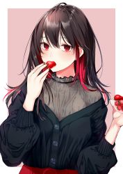 Rule 34 | 1girl, absurdres, black cardigan, black hair, blush, cardigan, colored inner hair, dabadhi, fingernails, food, fruit, hair between eyes, highres, holding, holding food, holding fruit, long hair, long sleeves, looking at viewer, multicolored hair, nail polish, off shoulder, original, pink background, red eyes, red hair, red nails, sharp fingernails, solo, standing, strawberry, two-tone background, two-tone hair, upper body, white background
